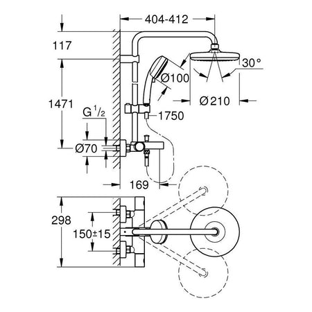 Grohe Tempesta Cosmopolitan 210 Termostatski Usponski tuš 26223001 – tehnički crtež