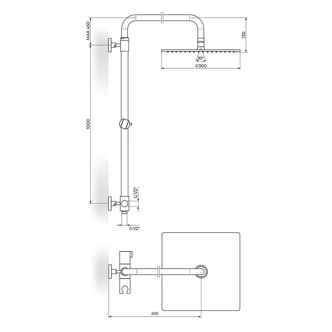 Rosan Konzola tuša Stolz tuš ruža Inox 300x300mm PUTK13 – tehnički crtež