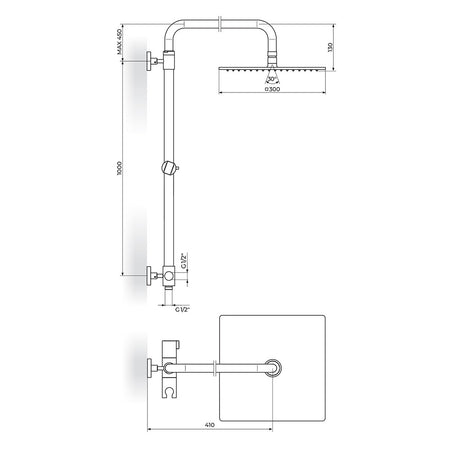 Rosan Konzola tuša Stolz tuš ruža Inox 300x300mm PUTK13 – tehnički crtež