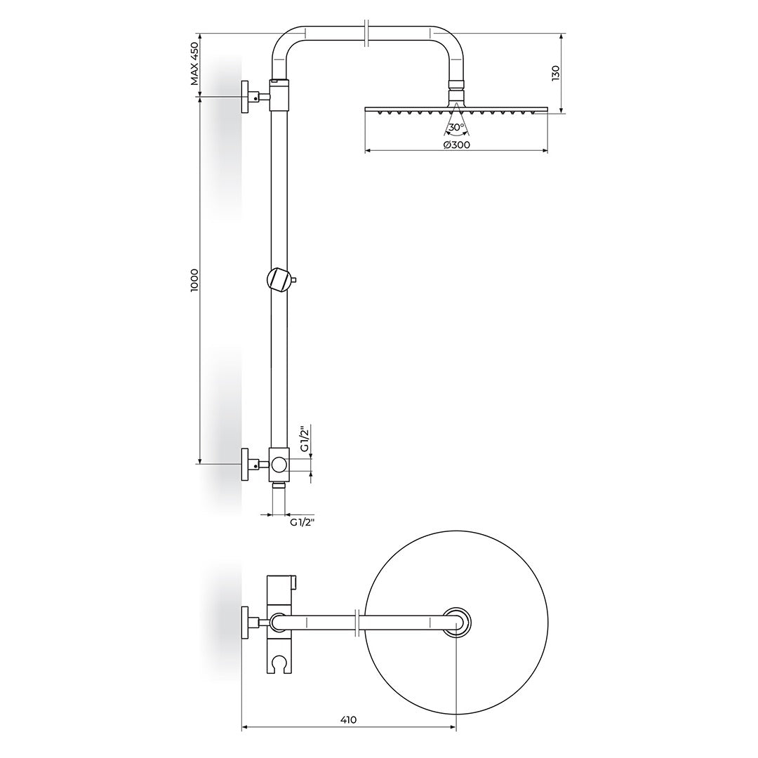 Rosan Konzola tuša Stolz tuš ruža Inox D.300mm PUTK12 – tehnički crtež