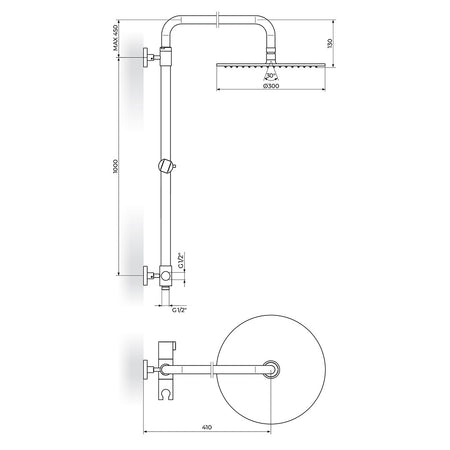 Rosan Konzola tuša Stolz tuš ruža Inox D.300mm PUTK12 – tehnički crtež