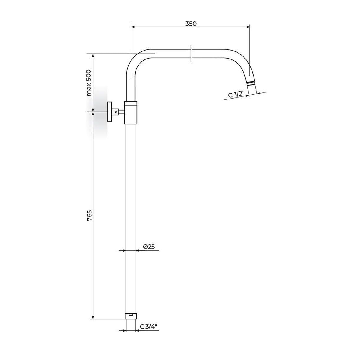 Rosan Usponski tuš - kompletan o24 mm - 3/4" bez ruže PUT122234 – tehnički crtež