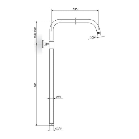 Rosan Usponski tuš - kompletan o24 mm - 3/4" bez ruže PUT122234 – tehnički crtež