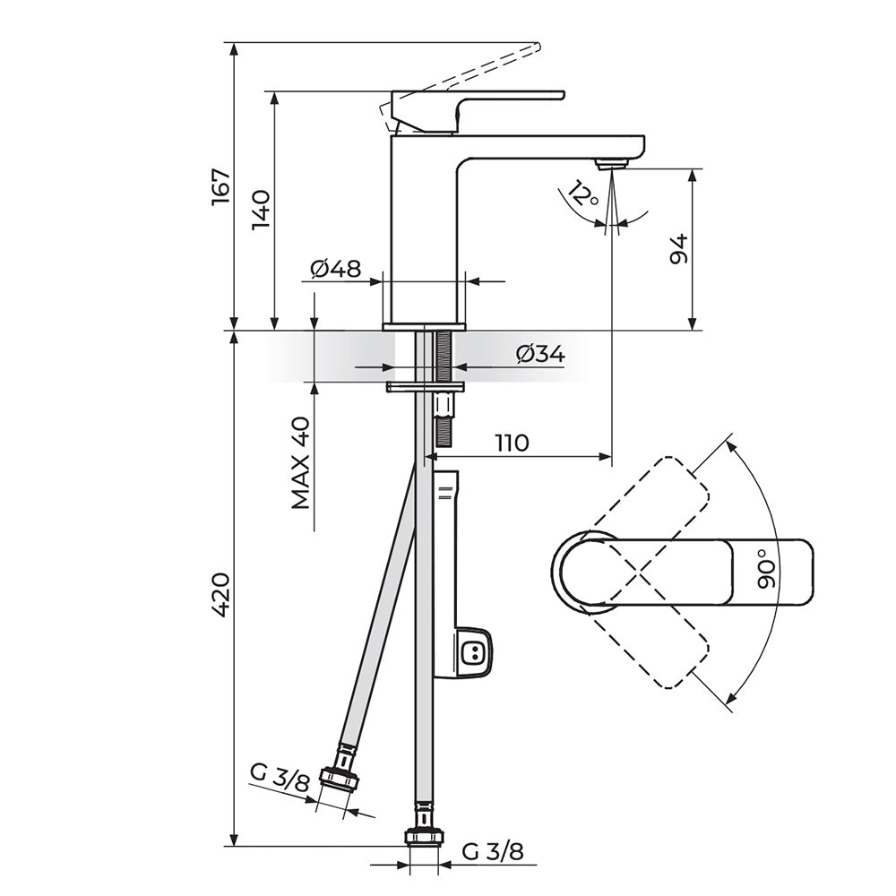 Rosan S2 Black baterija za lavabo 230101B – tehnički crtež