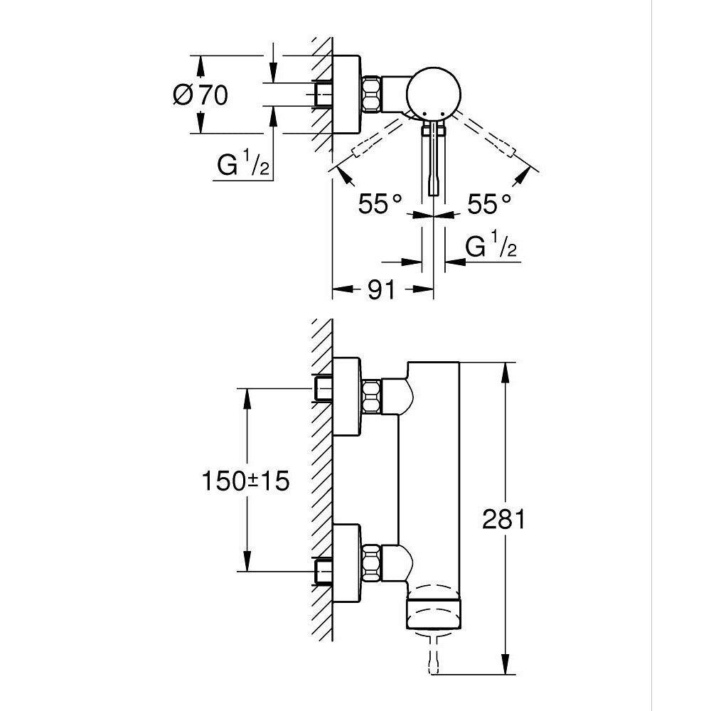 Grohe Essence jednoručna baterija za tuš 33636001 – tehnički crtež