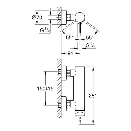 Grohe Essence jednoručna baterija za tuš 33636001 – tehnički crtež