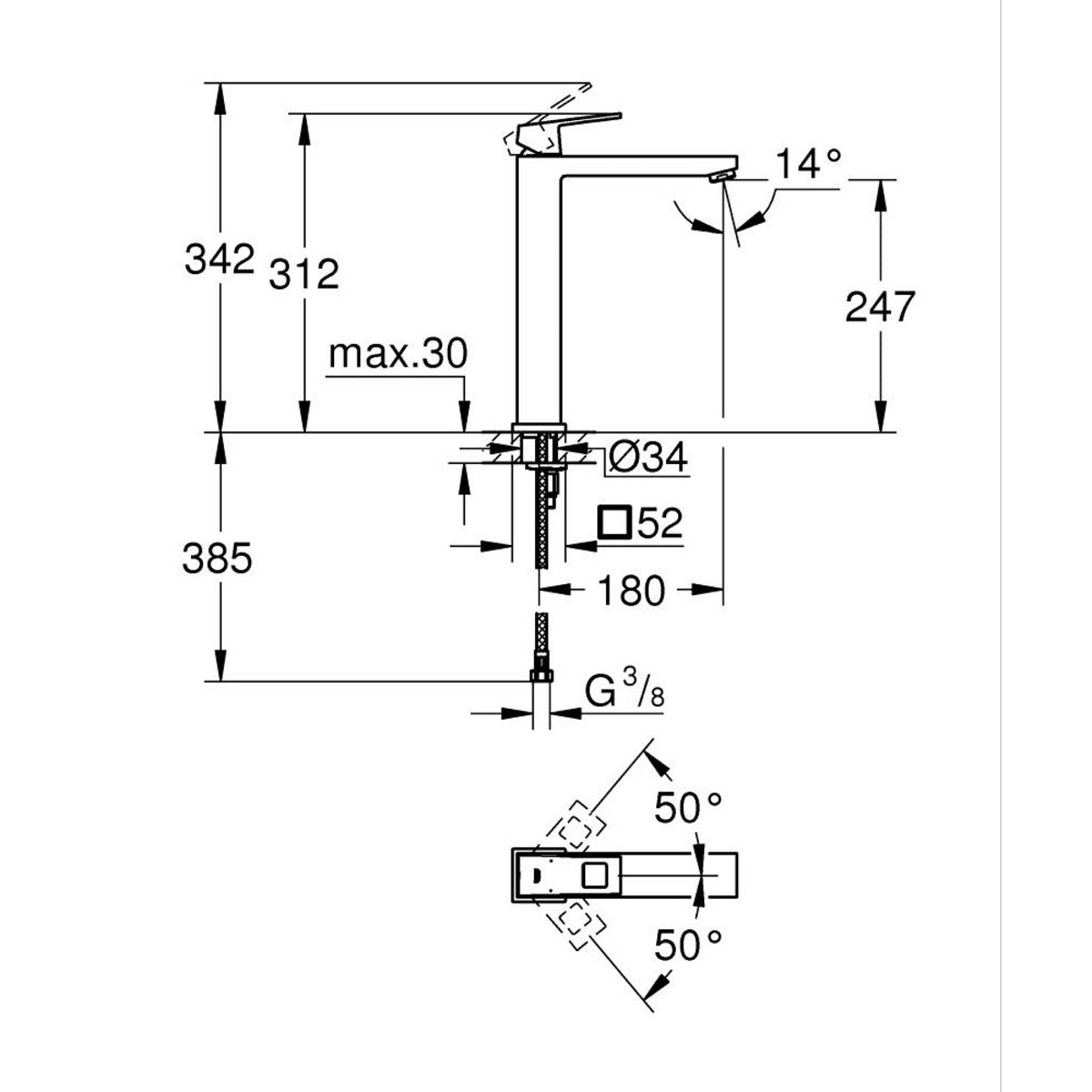 Grohe Eurocube za lavabo XL size 23406000 – tehnički crtež
