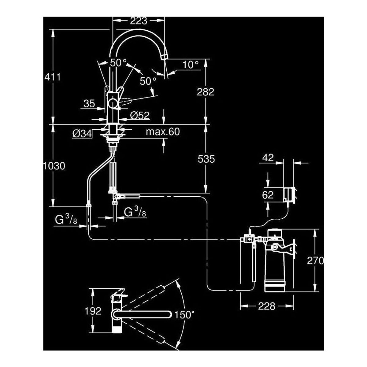Grohe Blue Pure Bau slavina za sudoperu sa filterom 600L 30555000 – tehnički crtež