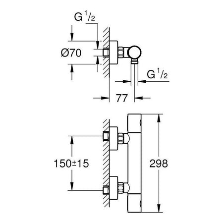 Grohe Eurosmart Cosmopolitan termostatska baterija za tuš 34765000 – tehnički crtež
