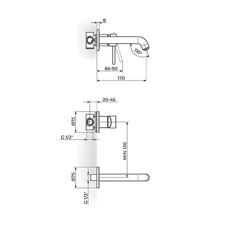 Rosan Dark uzidna baterija za lavabo sa izlivom 220mm JD31401 – tehnički crtež