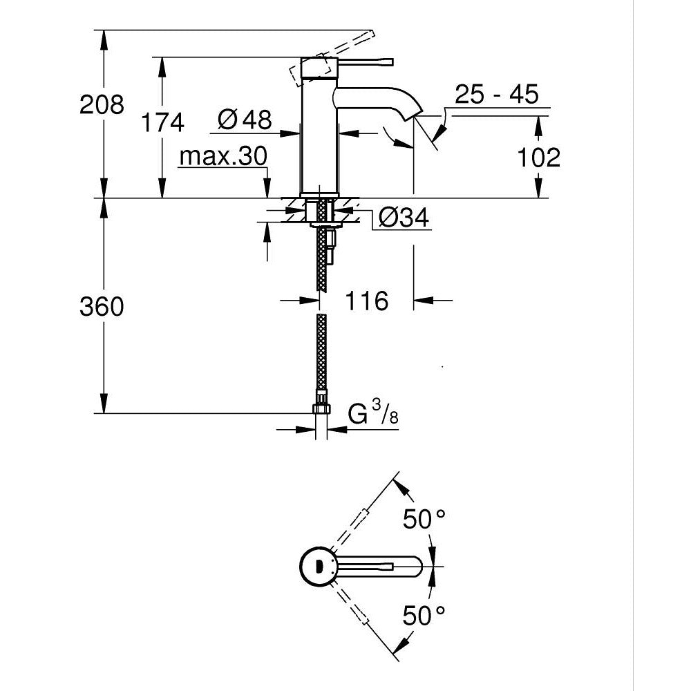 Grohe Essence za lavabo S size Phantom Black 24172KF1 – tehnički crtež