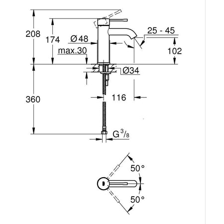 Grohe Essence za lavabo S size Phantom Black 24172KF1 – tehnički crtež