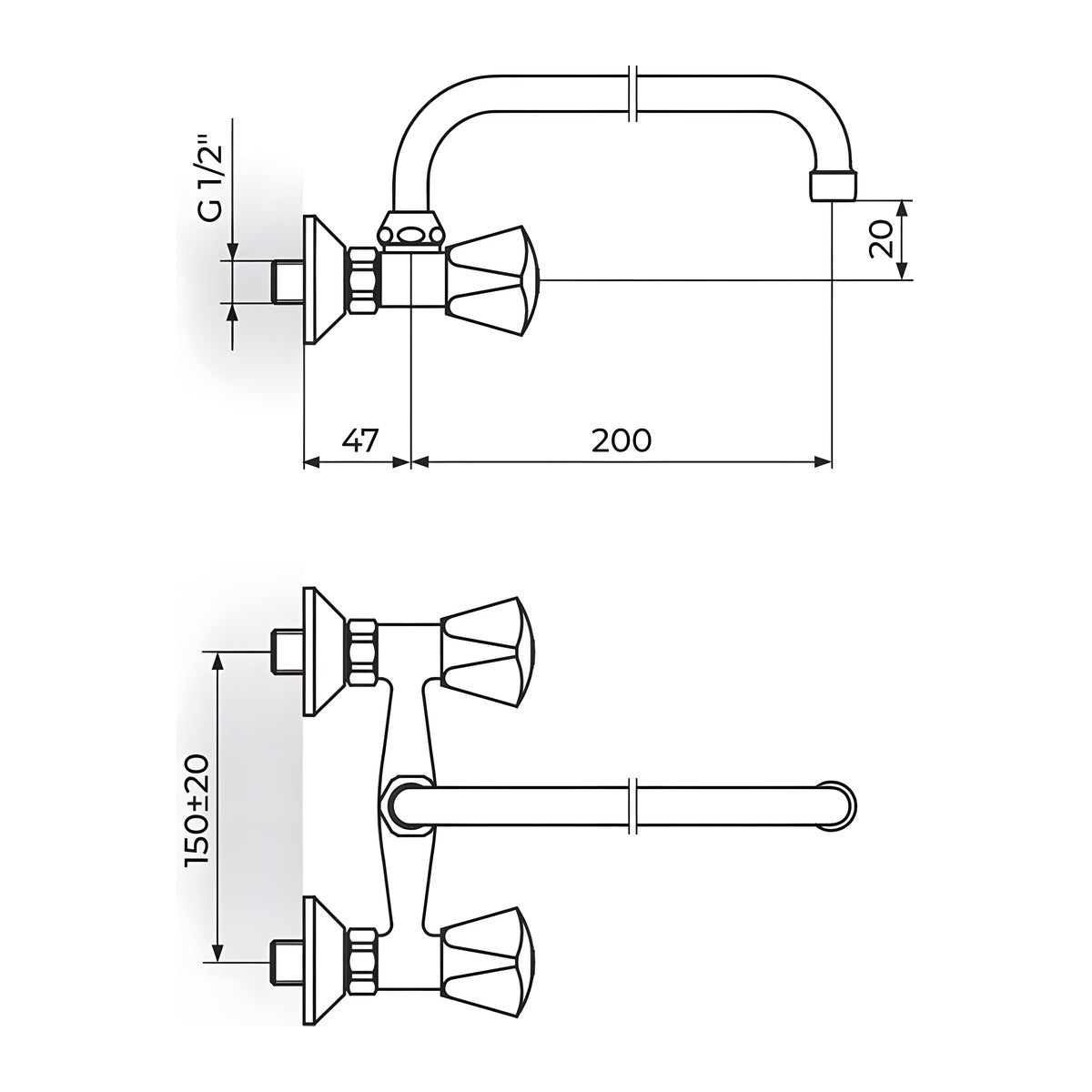 Rosan Klasik baterija za sudoperu – lavabo izliv 200mm – U K03101 – tehnički crtež