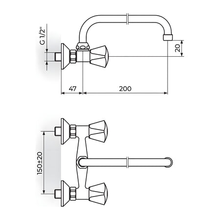 Rosan Klasik baterija za sudoperu – lavabo izliv 200mm – U K03101 – tehnički crtež