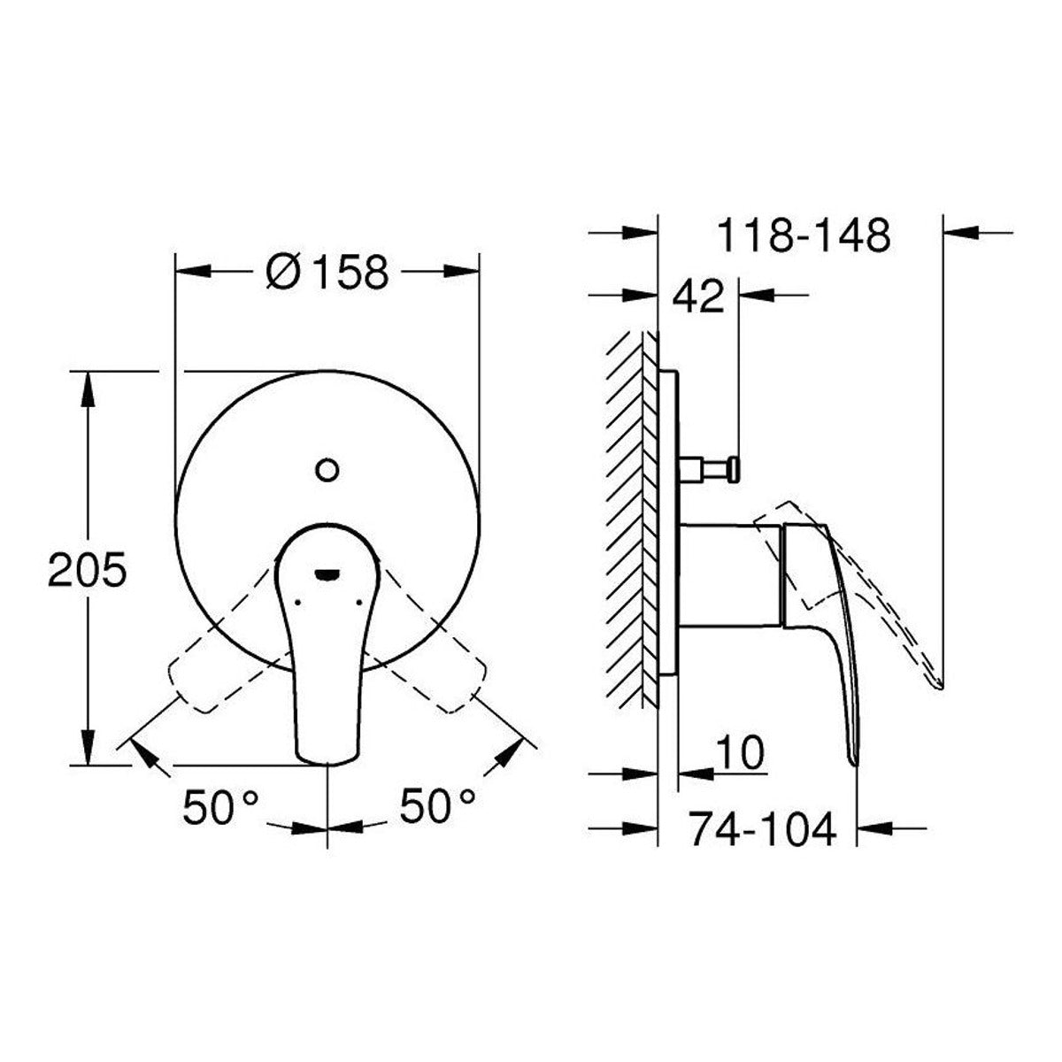 Grohe Eurosmart mešač sa prebacivačem 24043003 – tehnički crtež