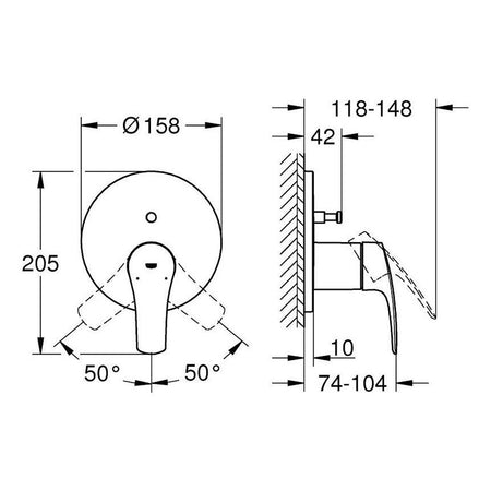 Grohe Eurosmart mešač sa prebacivačem 24043003 – tehnički crtež