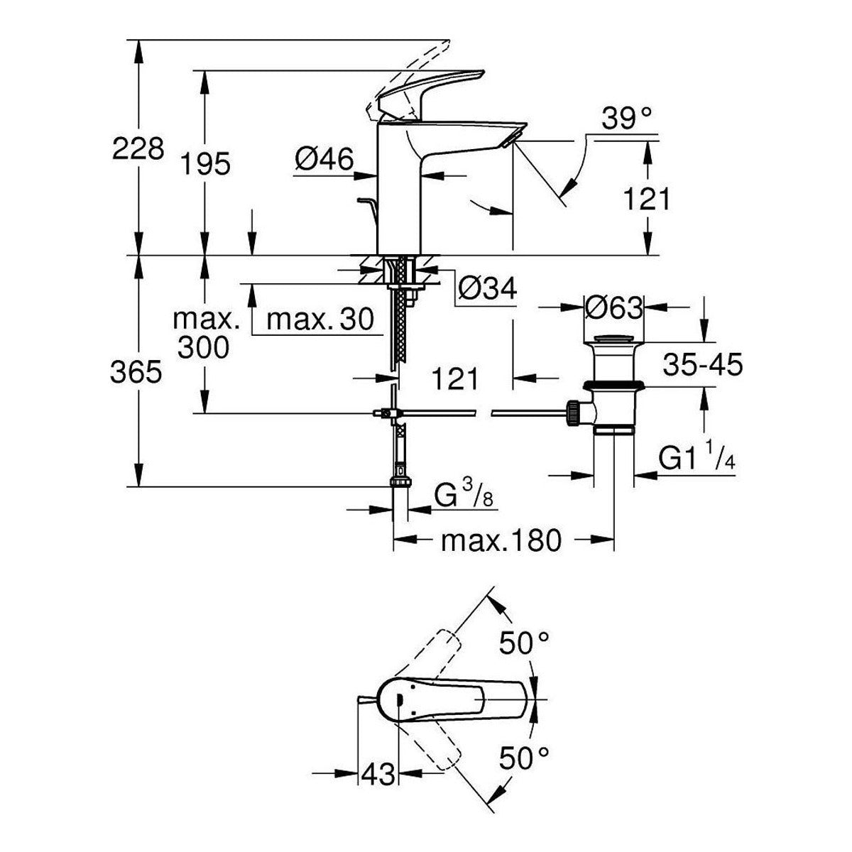 Grohe Eurosmart baterija za umivaonik M – Size 23322003 – tehnički crtež