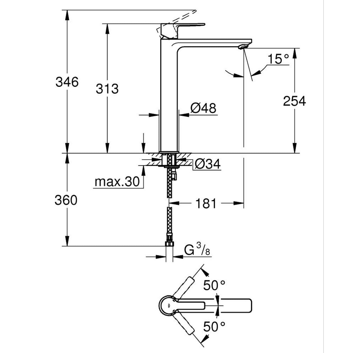 Grohe Lineare baterija za umivaonik XL – Size 23405001 – tehnički crtež