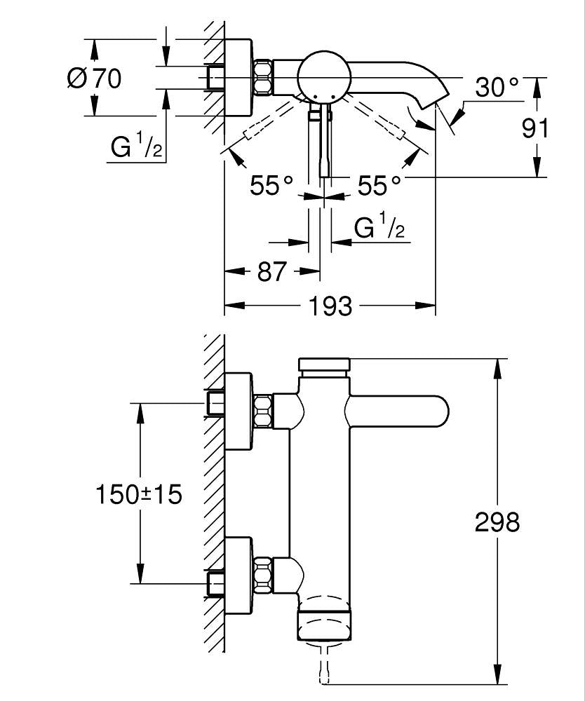 Grohe Essence jednoručna baterija za kadu 33624001 – tehnički crtež