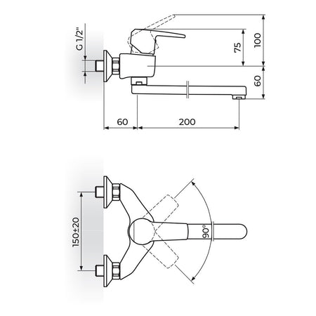 Rosan Cubo3 Baterija za sudoperu – lavabo izliv 200mm JC32120 – tehnički crtež