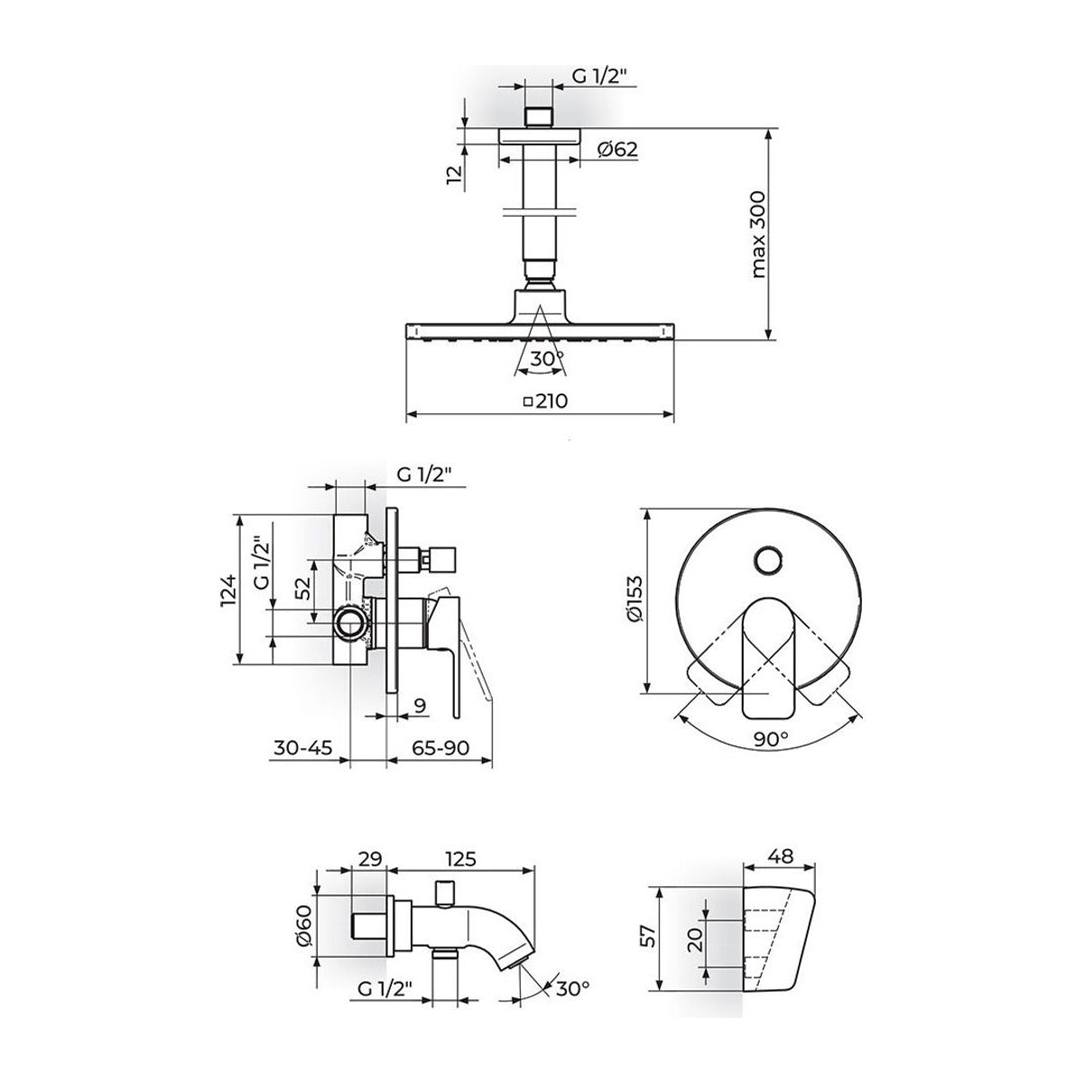 Rosan S2 Black baterija za tuš kadu 231703B – tehnički crtež
