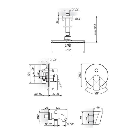 Rosan S2 Black baterija za tuš kadu 231703B – tehnički crtež