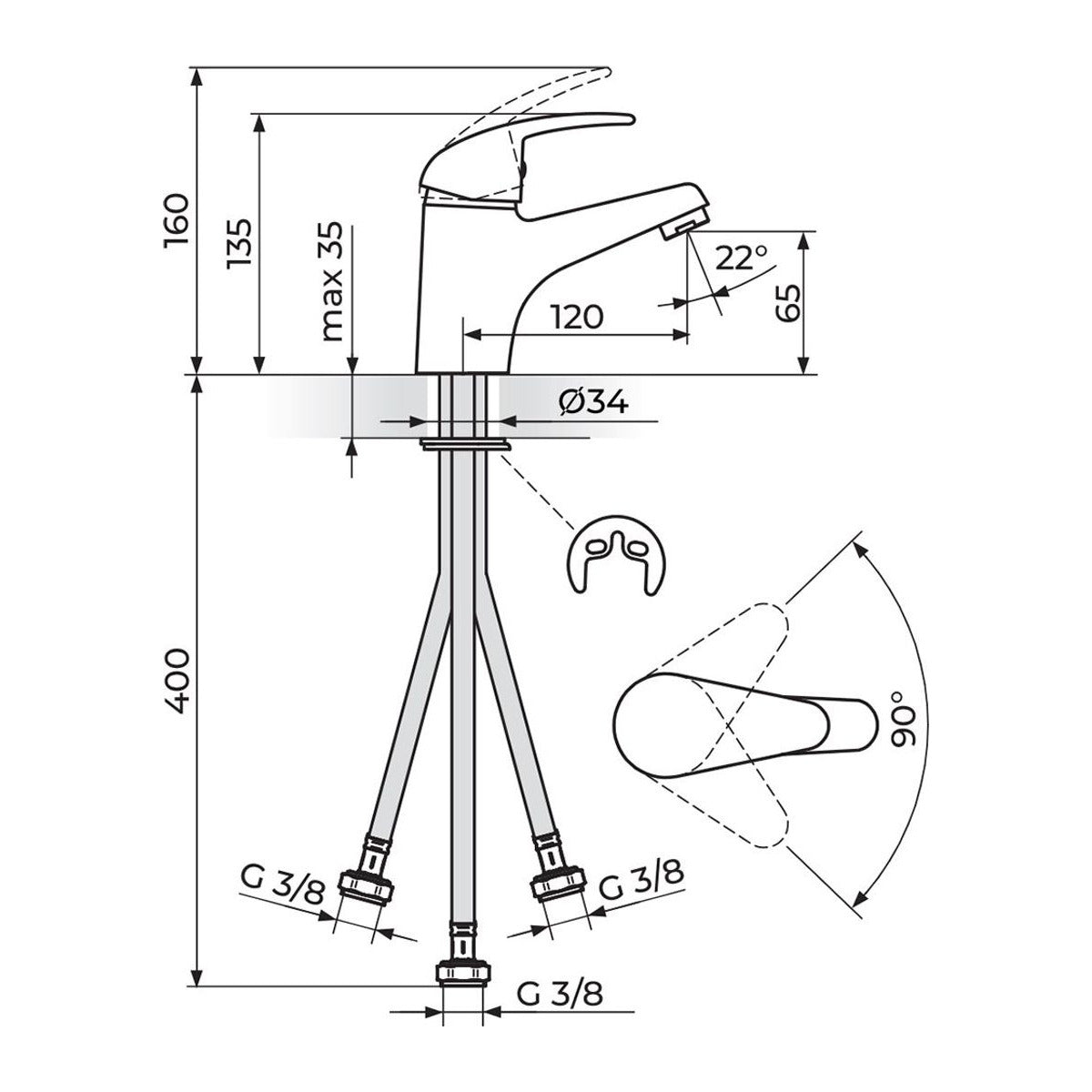 Rosan King baterija za lavabo – protočni bojler J301003 – tehnički crtež