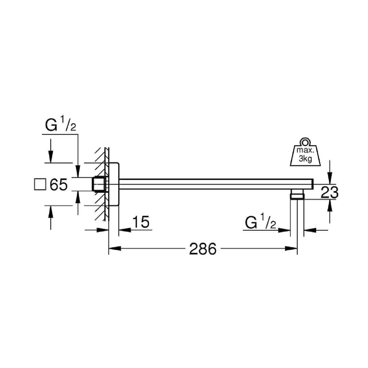 Grohe Rainshower držač tuš ruže 286mm 27709000 – tehnički crtež