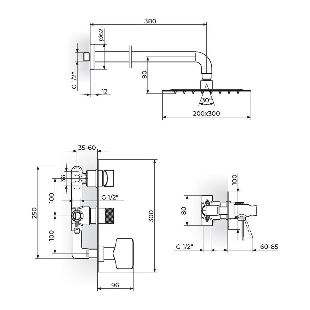 Rosan S2 Black baterija za tuš kadu 231605B – tehnički crtež
