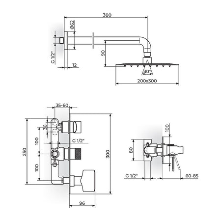 Rosan S2 Black baterija za tuš kadu 231605B – tehnički crtež