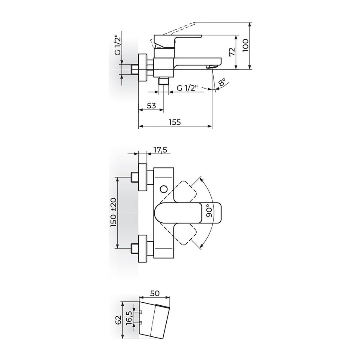 Rosan S2 Black baterija za kadu 233101B – tehnički crtež
