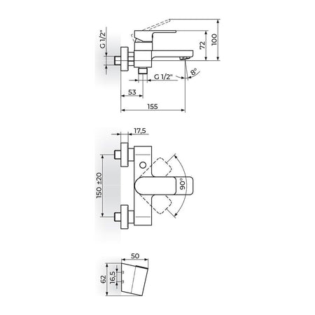 Rosan S2 Black baterija za kadu 233101B – tehnički crtež