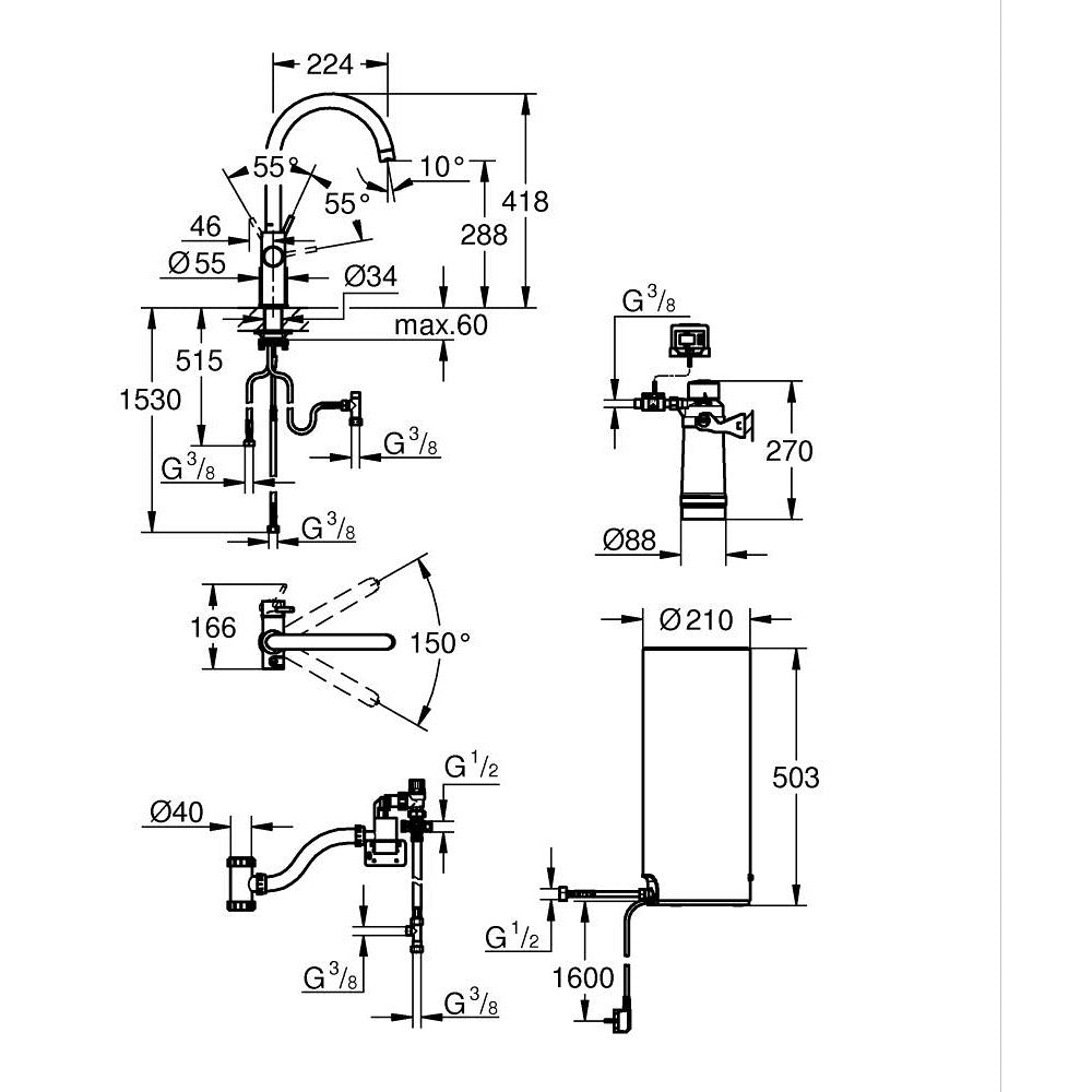 Grohe Red Duo slavina 8l Bojler 30079001 – tehnički crtež