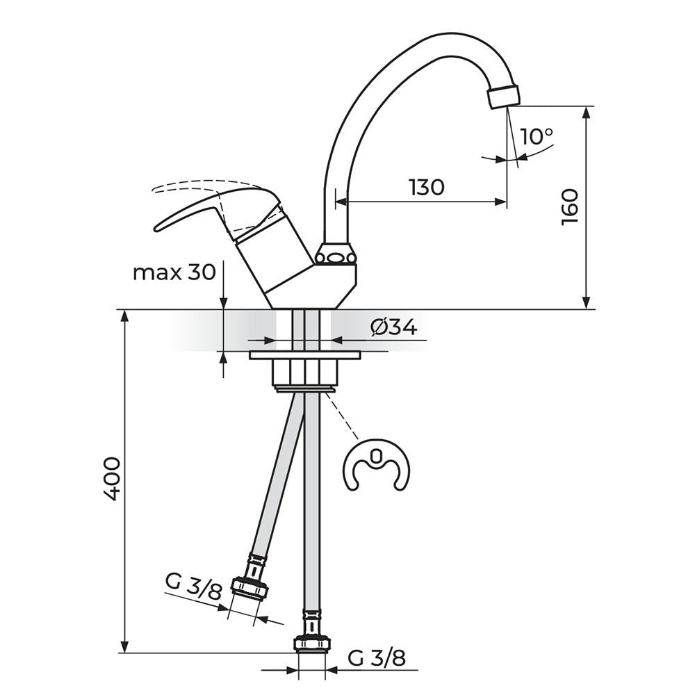 Rosan Perla baterija za sudoperu izliv 130mm JP382011 – tehnički crtež