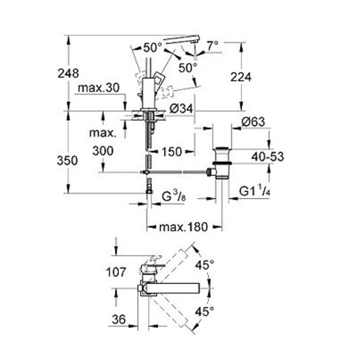 Grohe Eurocube za lavabo L size 23135000 – tehnički crtež