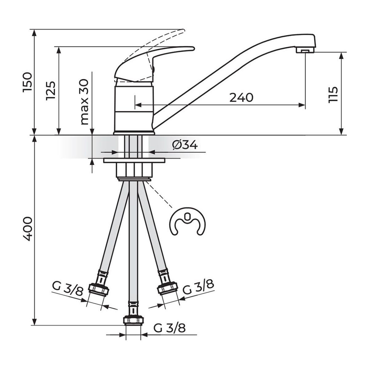 Rosan King baterija za sudoperu – protočni bojler J381003 – tehnički crtež
