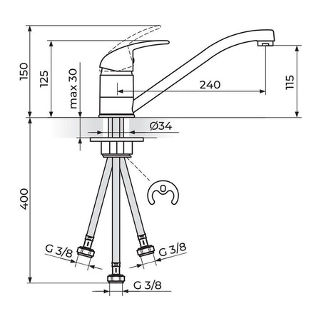 Rosan King baterija za sudoperu – protočni bojler J381003 – tehnički crtež