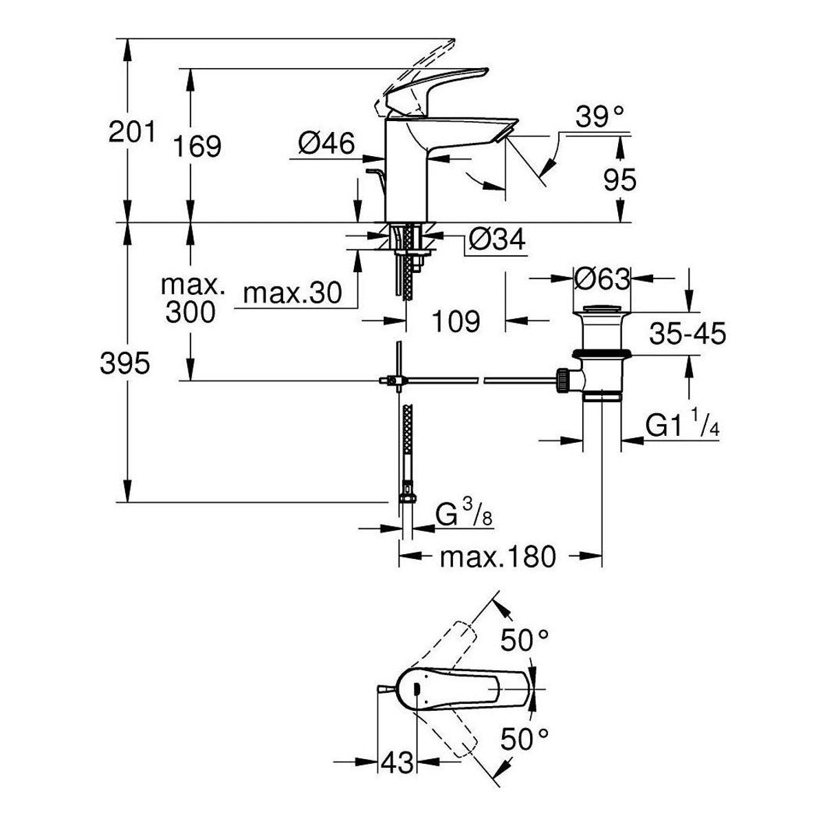 Grohe Eurosmart baterija za umivaonik S – Size 33265003 – tehnički crtež