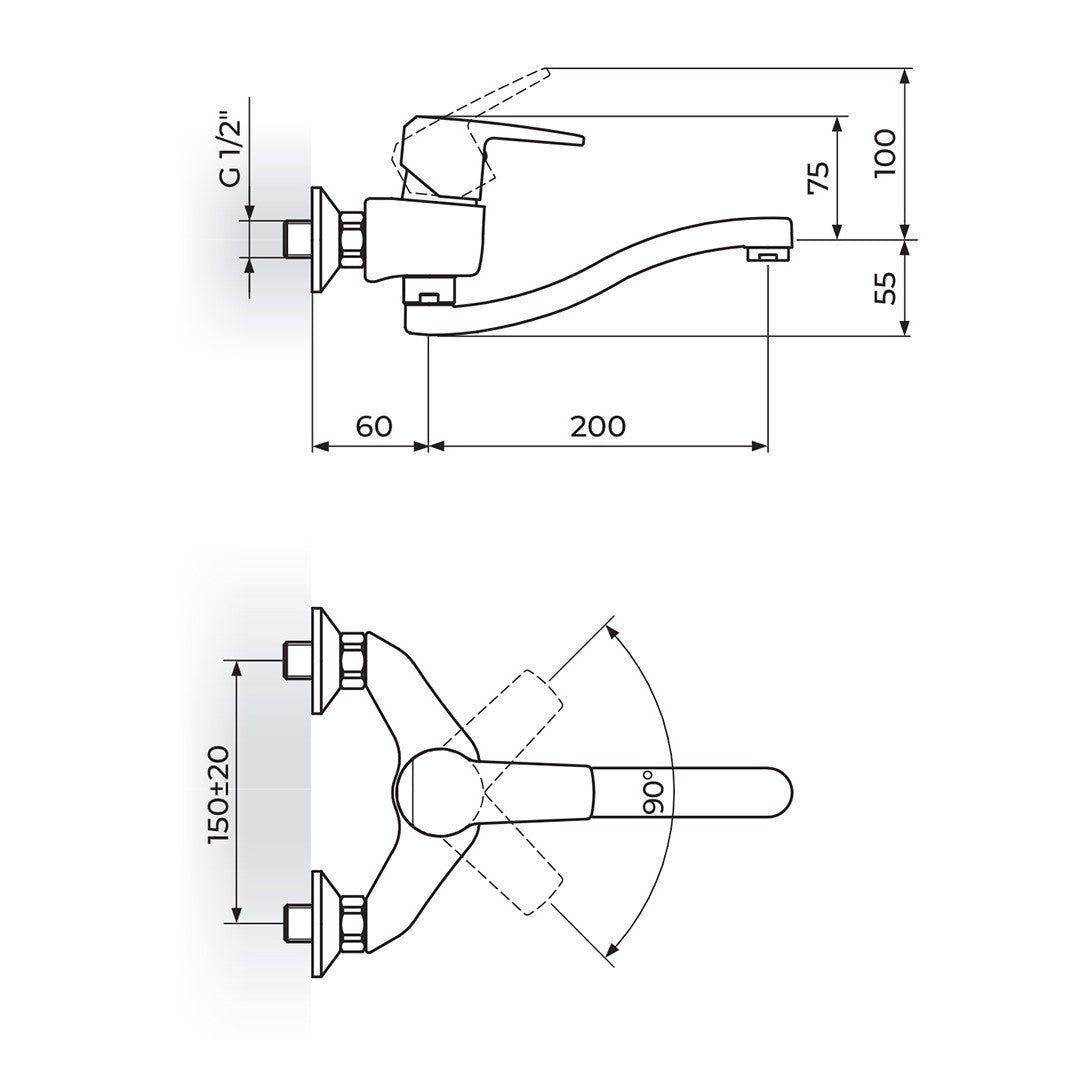 Rosan Cubo3 baterija za sudoperu – lavabo izliv 200mm JC3212S – tehnički crtež