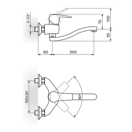 Rosan Cubo3 baterija za sudoperu – lavabo izliv 200mm JC3212S – tehnički crtež