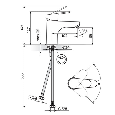 Rosan Smart baterija za lavabo M JA302001 – tehnički crtež