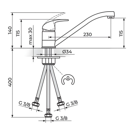 Rosan Perla baterija za sudoperu – protočni bojler JP381003 – tehnički crtež