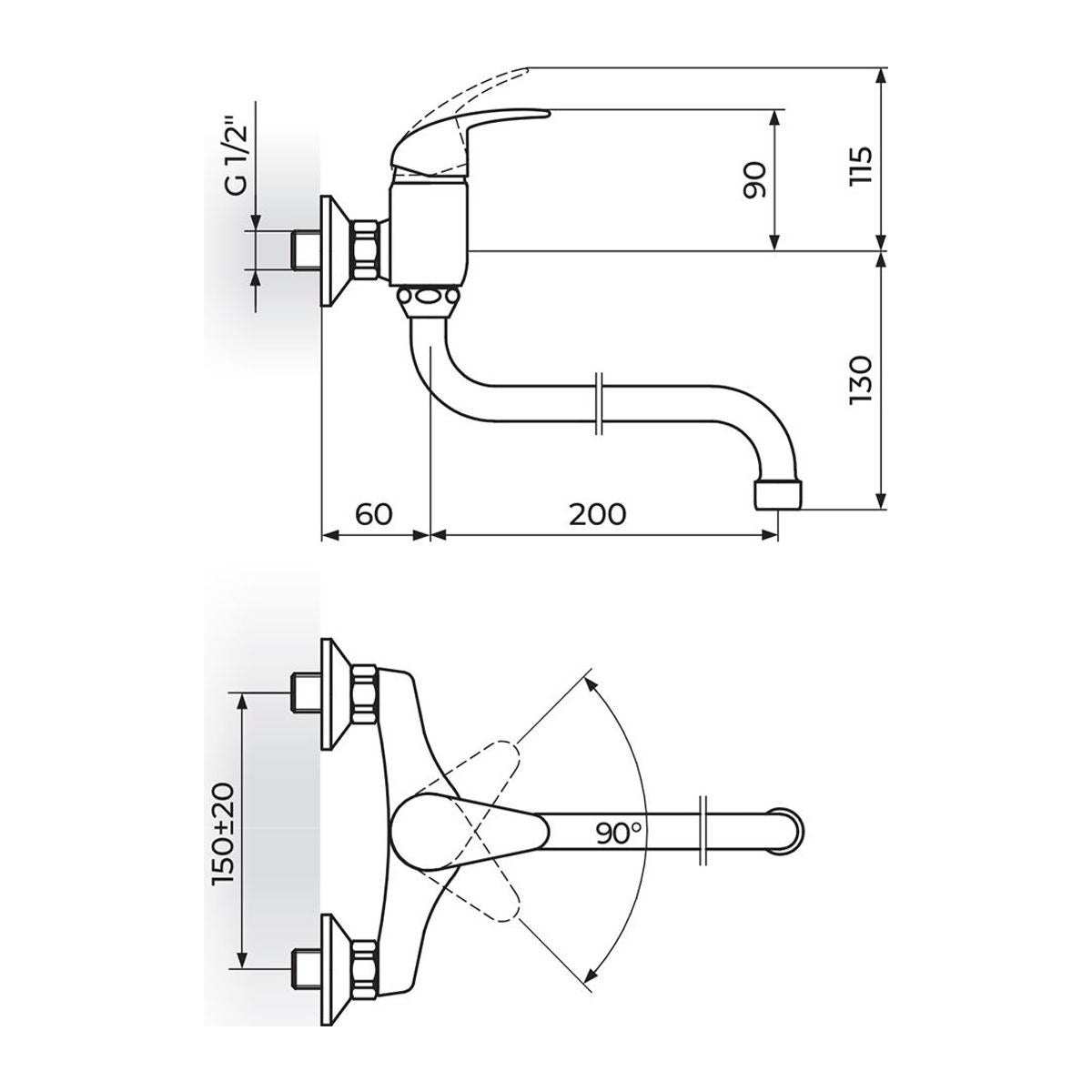 Rosan Perla uzidna baterija za sudoperu – lavabo izliv 200mm JP322020 – tehnički crtež