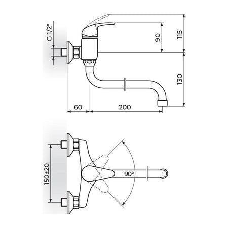 Rosan Perla uzidna baterija za sudoperu – lavabo izliv 200mm JP322020 – tehnički crtež