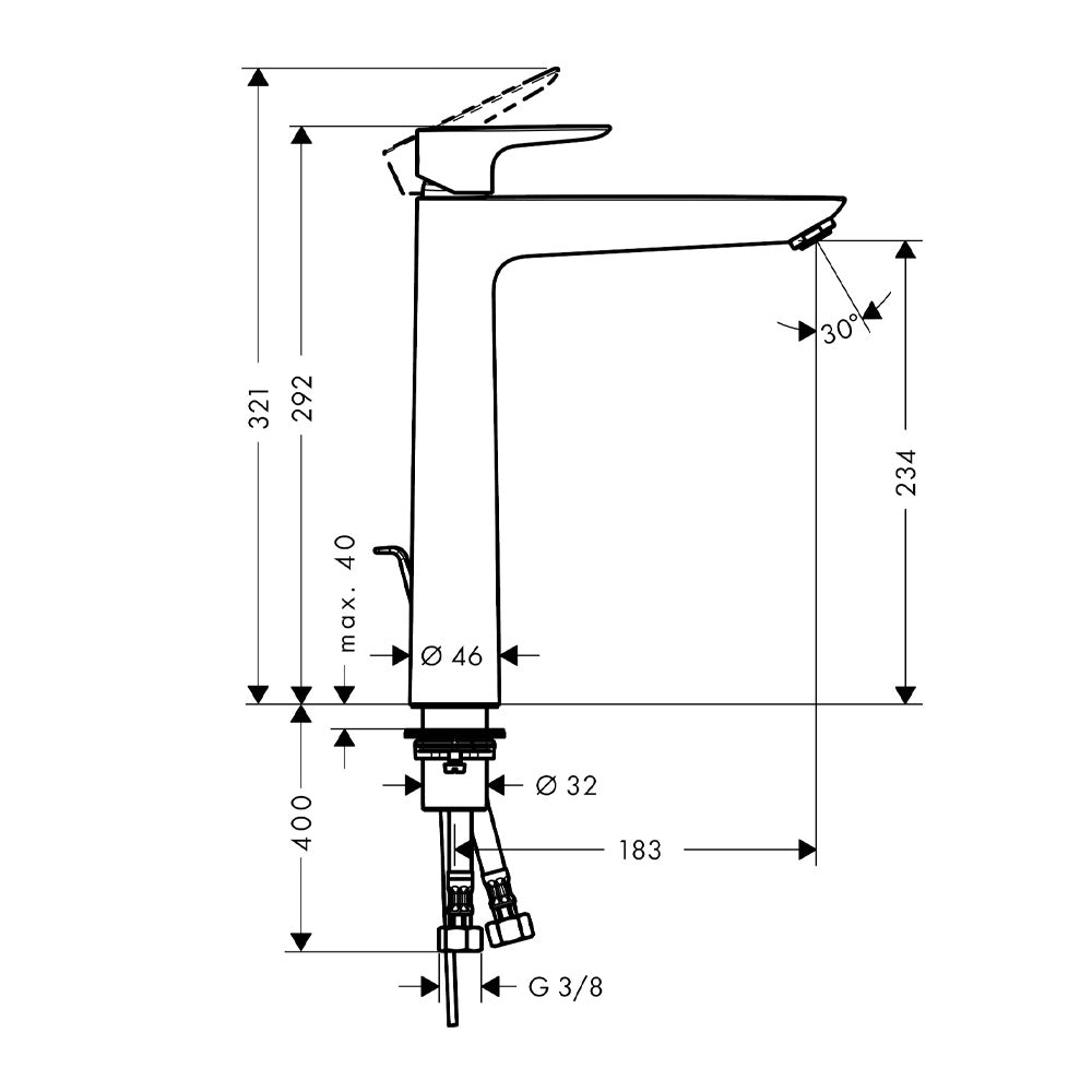 Hansgrohe Talis E 240 za lavabo MAT Crna 71716670 – tehnički crtež