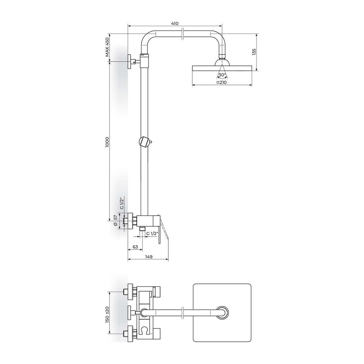 Rosan Quadro baterija za tuš kadu JQ37255 – tehnički crtež