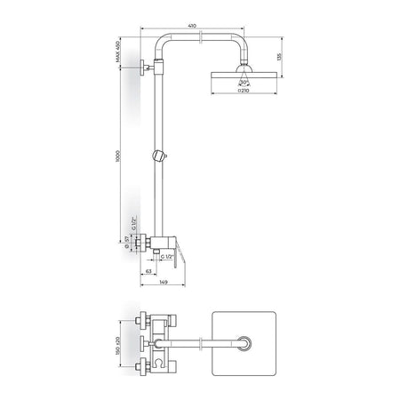 Rosan Quadro baterija za tuš kadu JQ37255 – tehnički crtež