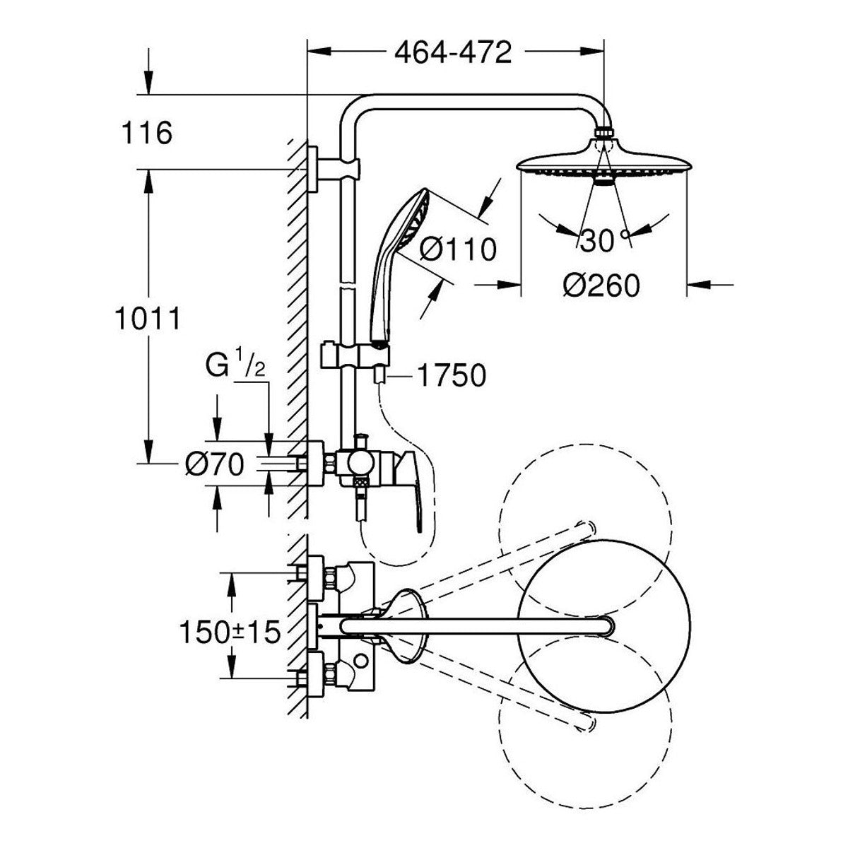 Grohe Euphoria 260 Usponski tuš 27473001 – tehnički crtež