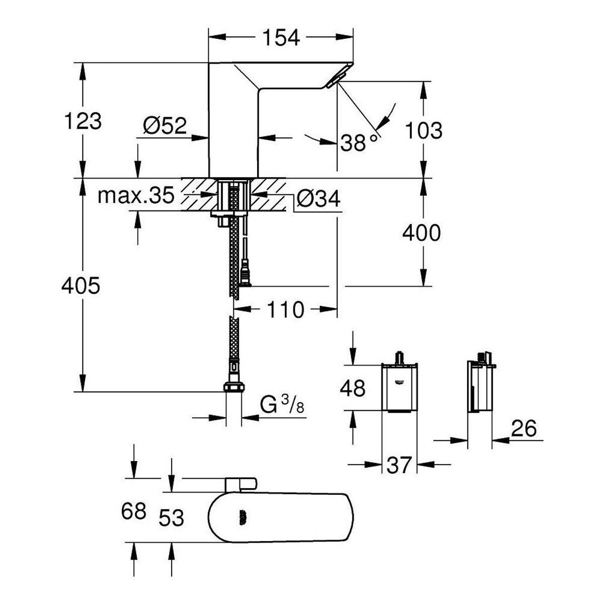 Grohe BauCosmo senzorska slavina E 6V S 36451000 – tehnički crtež