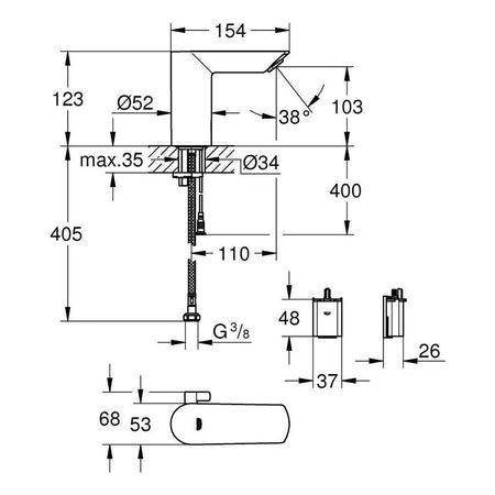 Grohe BauCosmo senzorska slavina E 6V S 36451000 – tehnički crtež